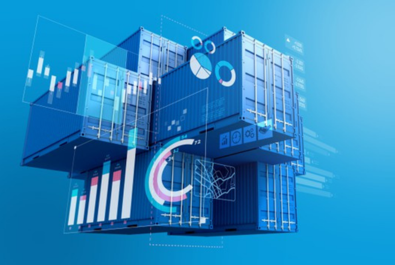 Contenedores azules de fabricas siendo organizados gracias al Marketing Digital Industrial.