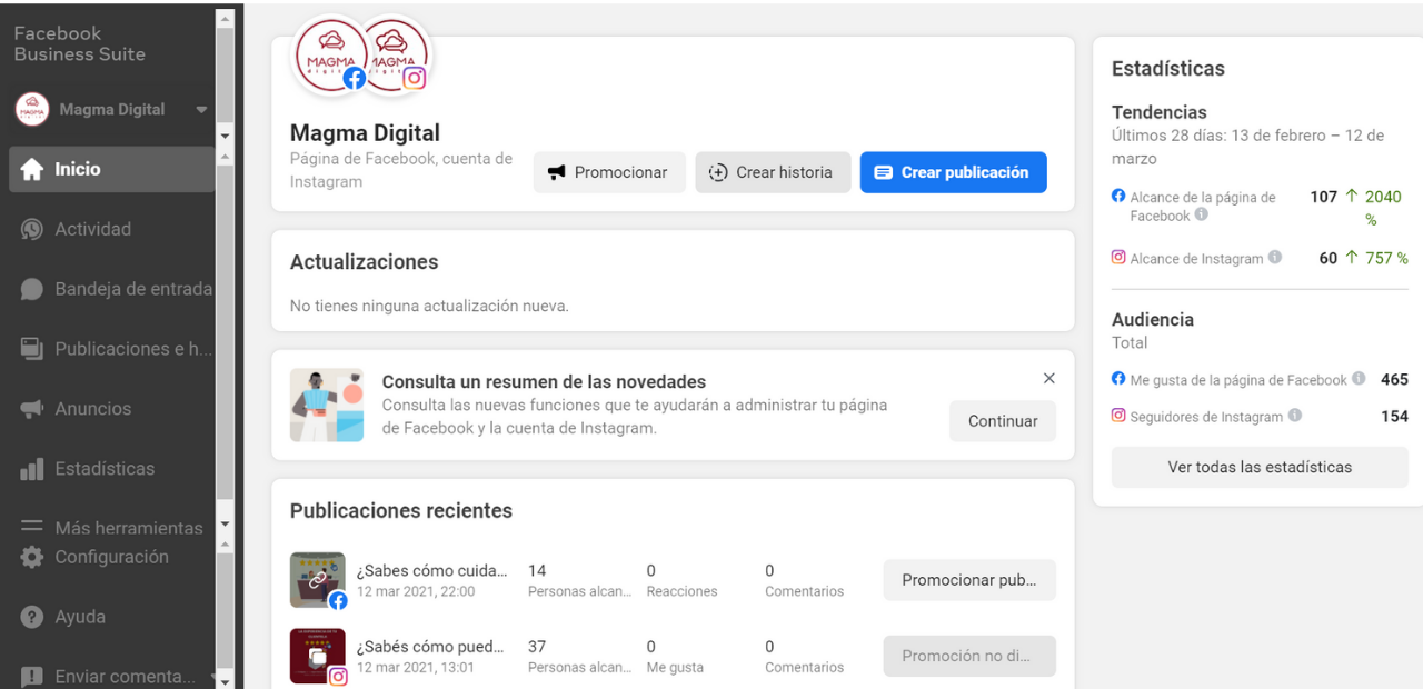 Panel de control de Facebook business suite.