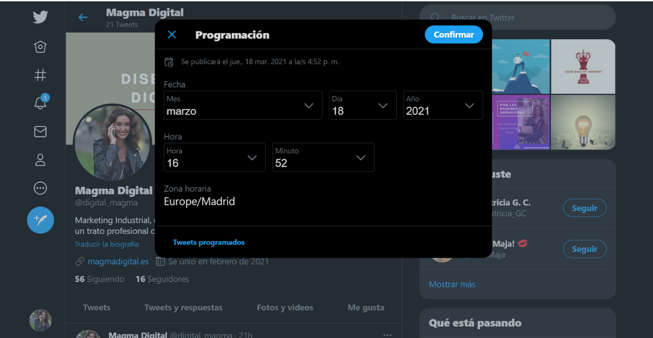 Panel para programar un tuit en Twitter.