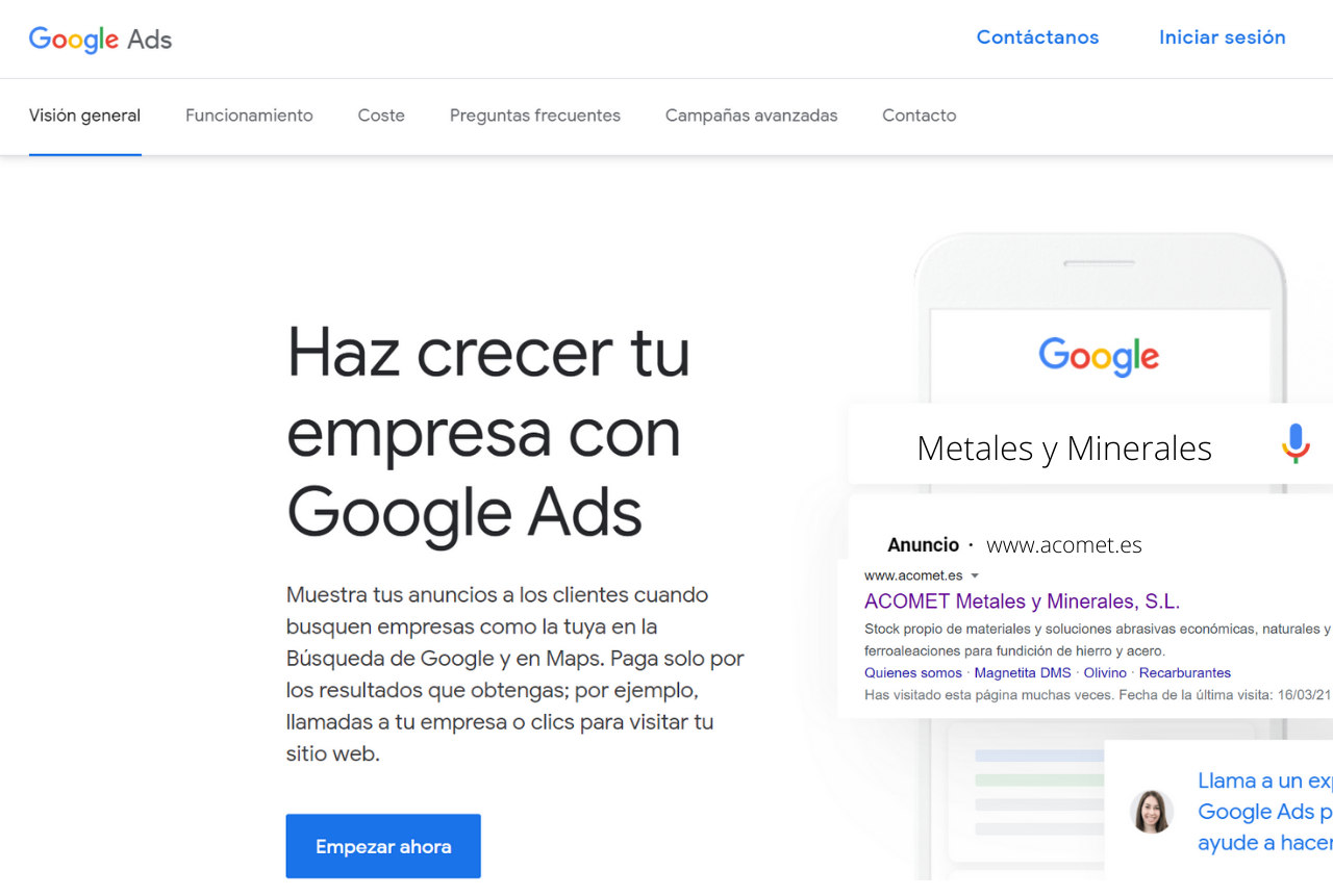 Pagina de inicio de Google Ads.