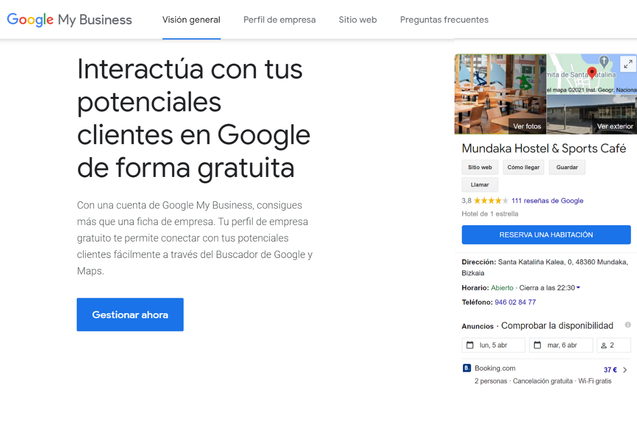 Pantalla de inicio de Google My Business.