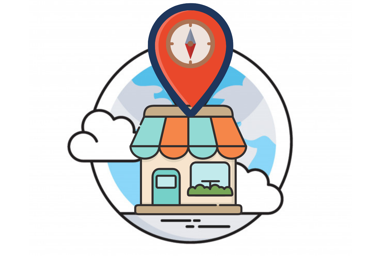 Imagen de una tienda rodeada de nubes con el icono de posición de Google Maps.