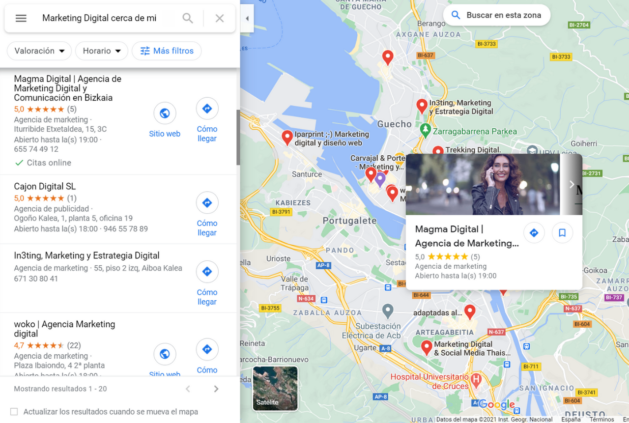 Resultados de Marketing Digital en Google Maps.