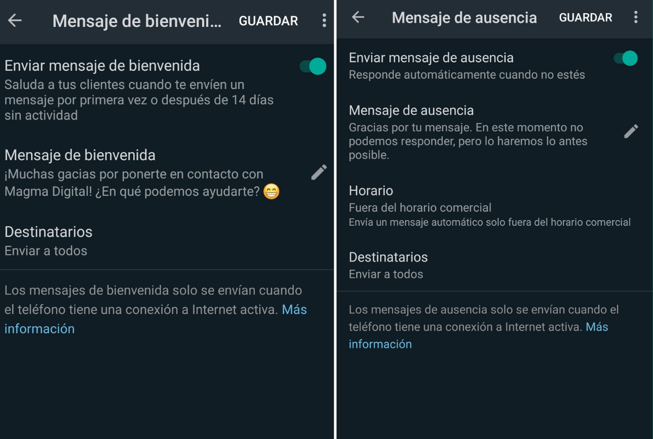 Panel para programar respuestas en WhatsApp Business. 