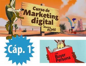 Curso de Marketing digital marca ACME. El coyote lee atentamente el manual de la marca ACME, sobre el perfil de cliente. Capítulo 1. Imagen modificada digitalmente a partir de una de la serie de dibujos looney tunes
